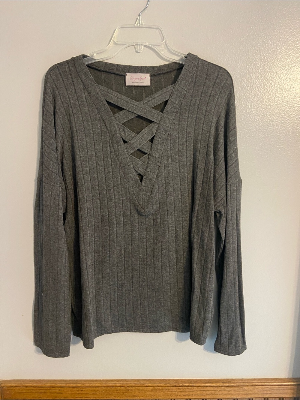 Crisscross V-Neck Ribbed Knit Sweatshirt - Grey